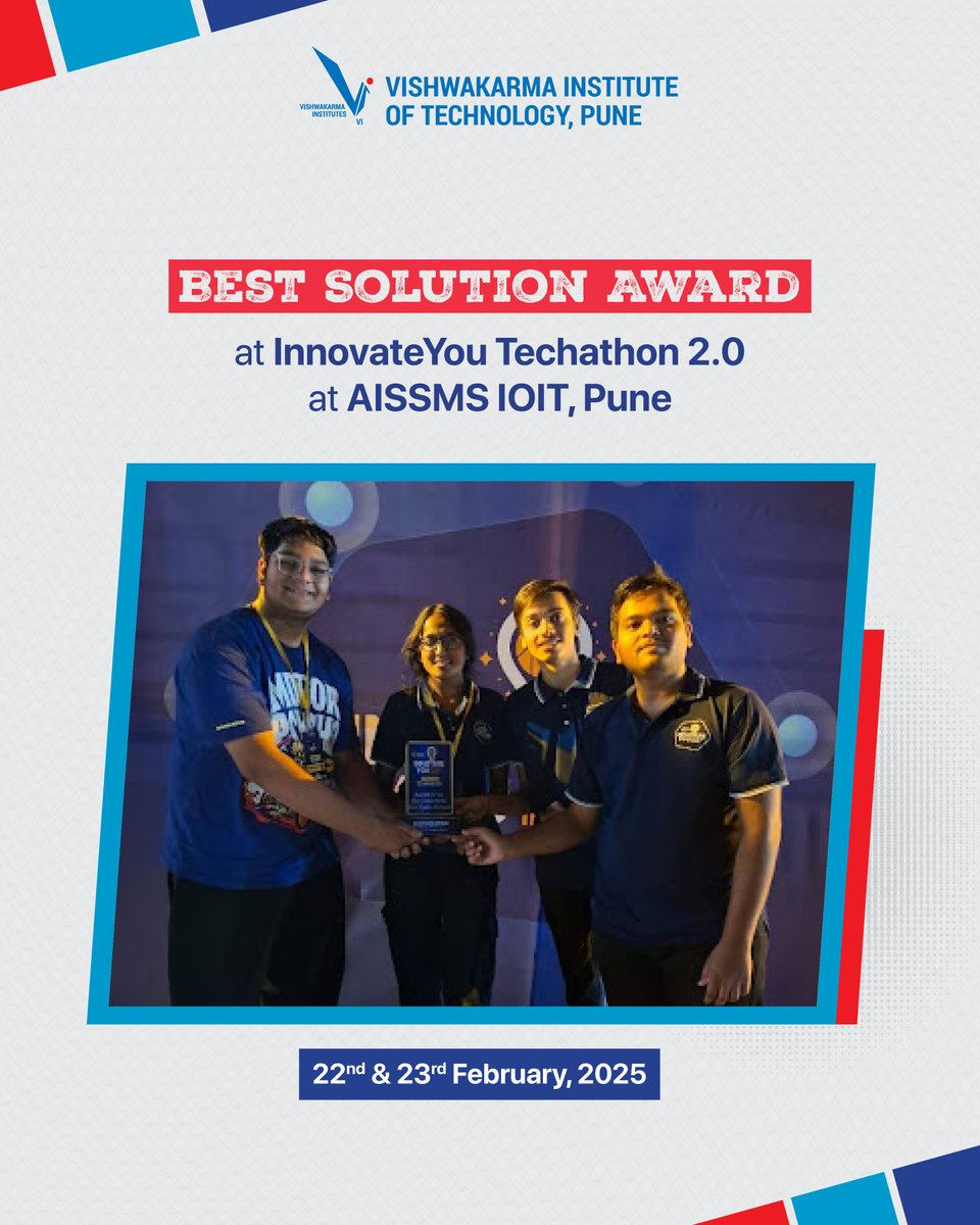 vit_college's tweet image. Team VIT, Pune won the Best Solution Award at InnovateYou Techathon 2.0! Congrats to Atharva Patwardhan, Atharv Muchandi, Vishruti Mohinkar & Vedant Nagmoti!
#VITPune #CodingCompetition #HackathonWinners #TechInnovation #ProudMoment #InnovateYouTechathon #MachineLearning