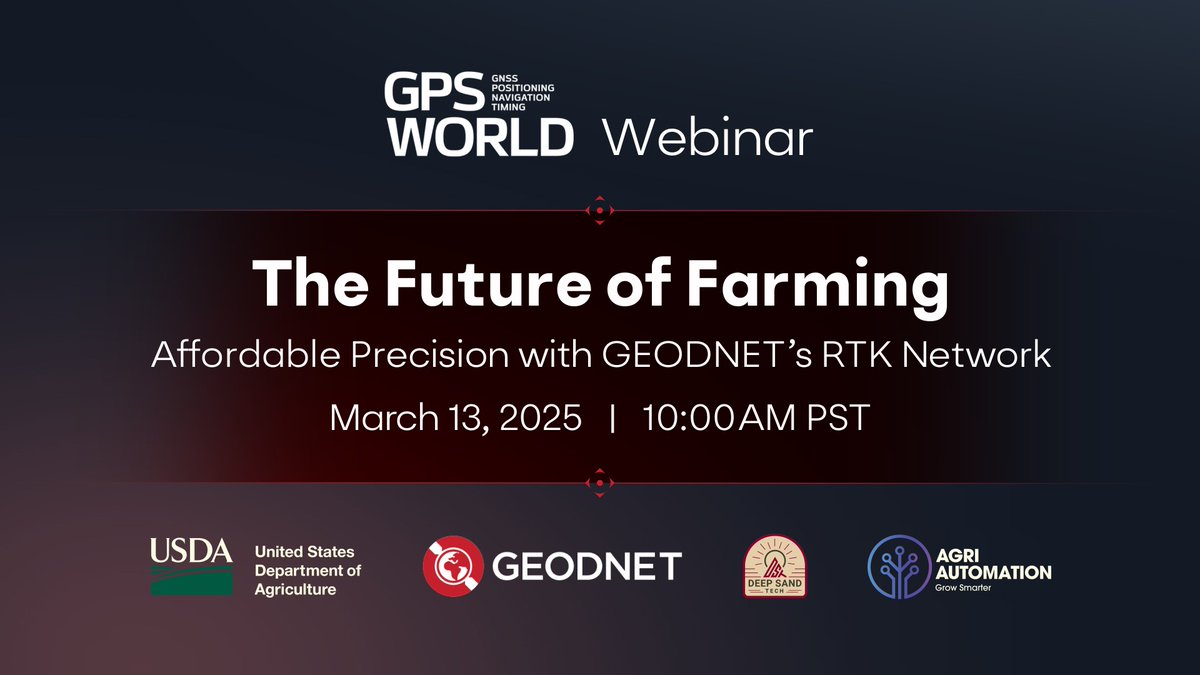 GEODNET (@geodnet_) on Twitter photo ๐The Future of AgTech is Here!
Join <a href="/GEODNET_/">GEODNET</a>, <a href="/USDA/">Dept. of Agriculture</a>, Deep Sand Tech, and <a href="/Ag_AutomationAU/">Agri Automation Australia</a> for an exclusive <a href="/GPSWorld/">GPS World</a> webinar on how blockchain & decentralized RTK network are making precision AgTech affordable and accessible โ even for small farms!
โฐ March 13 | 10AM PST | ๐The Future of AgTech is Here!
Join <a href="/GEODNET_/">GEODNET</a>, <a href="/USDA/">Dept. of Agriculture</a>, Deep Sand Tech, and <a href="/Ag_AutomationAU/">Agri Automation Australia</a> for an exclusive <a href="/GPSWorld/">GPS World</a> webinar on how blockchain & decentralized RTK network are making precision AgTech affordable and accessible โ even for small farms!
โฐ March 13 | 10AM PST |