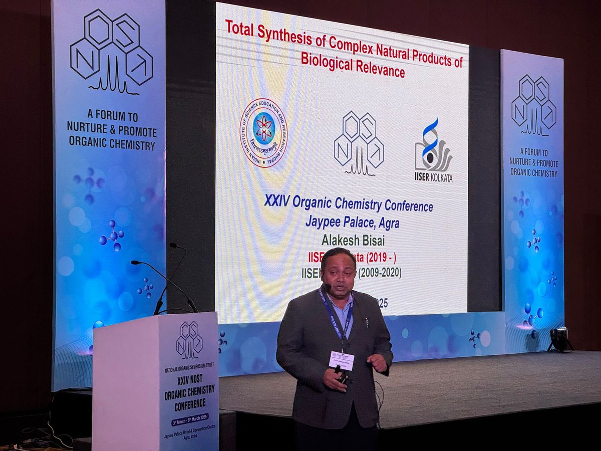 Prof. Alakesh Bisai from IISER Kolkata delivered an insightful talk on Total Synthesis of Complex Natural Products of Biological Relevance at #NOSTOCC2025. A deep dive into the art and strategy of total synthesis! #OrganicChemistry #NaturalProducts
