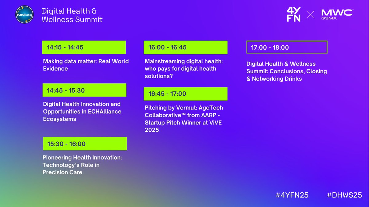 Today at <a href="/4YFN_MWC/">4YFN</a>  Barcelona: 12th Digital Health Summit begins!

Our Partner Program explores digital tech in #healthcare with sessions on Estonia's strategy, global #AI regulations, health #data potential, AI applications &amp; real-world evidence.

Agenda: echalliance.com/events-health-…