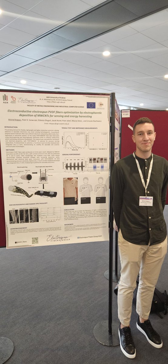AGH_fibers (@agh_fibers) on Twitter photo 🔬📢 #HybridMaterials2025 Poster Session!
Michał Kopacz from <a href="/AGH_fibers/">AGH_fibers</a> presented his recent work titled:
📝 "Electroconductive electrospun PVDF fibers optimization by electrophoretic deposition of MWCNTs for sensing and energy harvesting."🚀
#AGH #ERC #WearableSensors 🔬📢 #HybridMaterials2025 Poster Session!
Michał Kopacz from <a href="/AGH_fibers/">AGH_fibers</a> presented his recent work titled:
📝 "Electroconductive electrospun PVDF fibers optimization by electrophoretic deposition of MWCNTs for sensing and energy harvesting."🚀
#AGH #ERC #WearableSensors