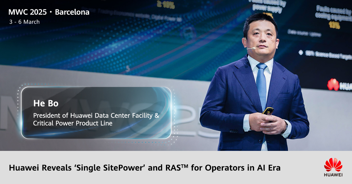 Huawei (@huawei) on Twitter photo At #MWC25, President of #Huawei Data Center Facility & Critical Power Product Line He Bo unveiled next-gen site power facility architecture "Single SitePower" and AI data center construction guideline RAS™ to help operators thrive in the AI era: bit.ly/41tYsD4 At #MWC25, President of #Huawei Data Center Facility & Critical Power Product Line He Bo unveiled next-gen site power facility architecture "Single SitePower" and AI data center construction guideline RAS™ to help operators thrive in the AI era: bit.ly/41tYsD4