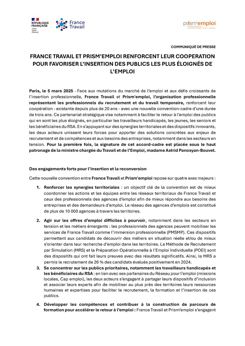 France Travail (@francetravail) on Twitter photo ✒️ Avec la signature d'une nouvelle convention de partenariat, France Travail et <a href="/Prismemploi/">Prism'emploi</a> renforcent leur coopération pour favoriser l'insertion des publics les + éloignés de l'emploi, dans tous les territoires ! 🤝
🗞️ Le CP en intégralité ici ➡️ francetravail.org/accueil/commun… ✒️ Avec la signature d'une nouvelle convention de partenariat, France Travail et <a href="/Prismemploi/">Prism'emploi</a> renforcent leur coopération pour favoriser l'insertion des publics les + éloignés de l'emploi, dans tous les territoires ! 🤝
🗞️ Le CP en intégralité ici ➡️ francetravail.org/accueil/commun…