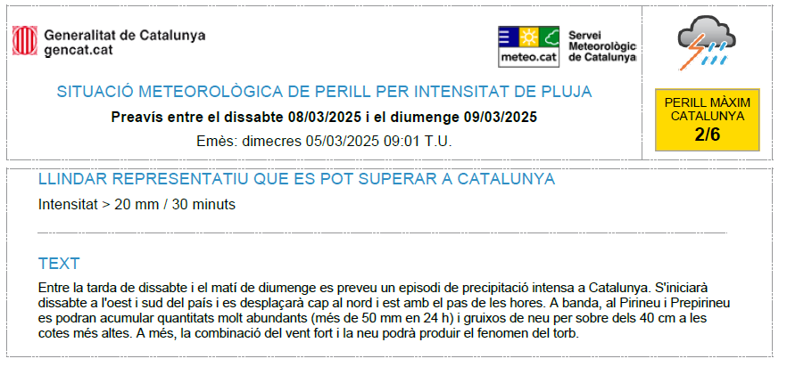 meteocat's tweet photo. ⚠️ El Servei Meteorològic de Catalunya ha actualitzat el preavís de situació meteorològica de perill (#avisosSMP) per intensitat de pluja ⚠️ https://t.co/Y3xY4wBtcf