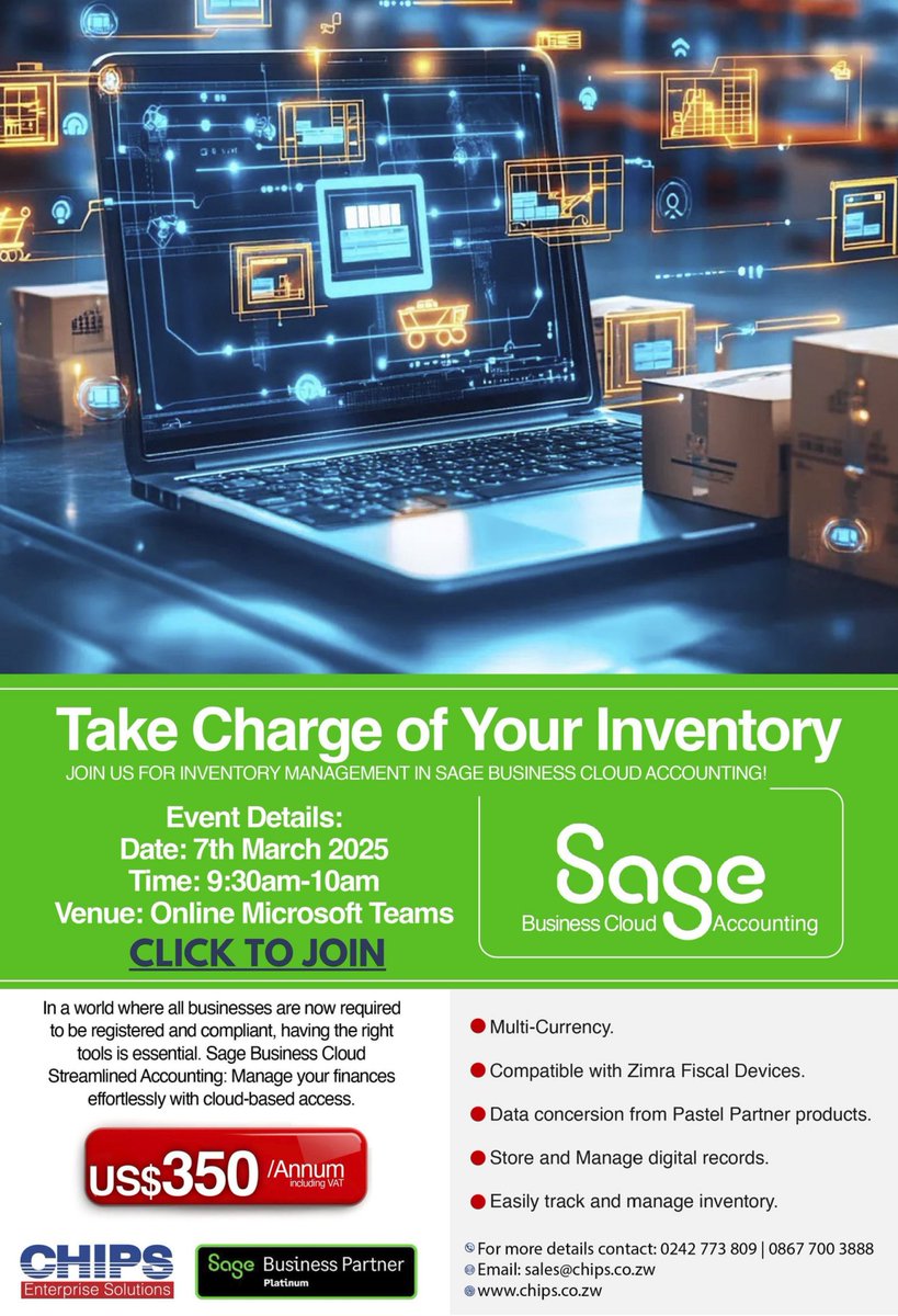 ZimtraderZ's tweet image. @ChipsAfrica Join us for Inventory Management in Sage Business Cloud Accounting -teams.microsoft.com/dl/launcher/la…
#yourinventory #MultiCurrencySupport #FiscalDevices #takecharge #yourinventory #businesscloudsolutions #sageaccounting