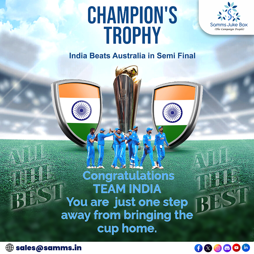 Samms_Juke_Box's tweet photo. Finals Bound! 🇮🇳💥 
Kudos to Team India for an incredible performance! One more step to greatness—let’s show our support and make history together! 🎊🏆💙
#SammsJueBox #IndiaWillWin #ProudMoment #TeamIndia 🏆 #ChampionsMentality 💥 #SammsSupportsSports 🎯 https://t.co/rFQdb151D4