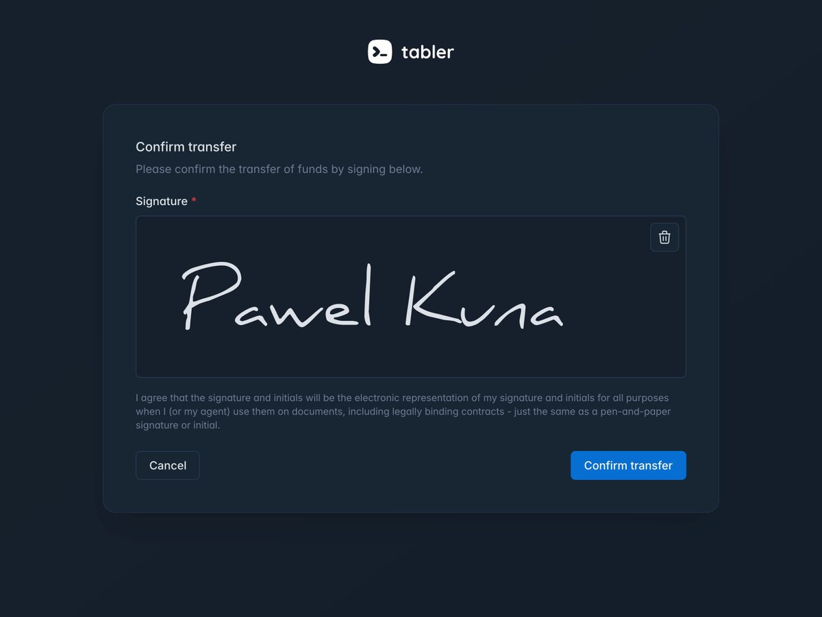 tabler_io's tweet image. Signature Pads ✍️

We are happy to introduce Signature Pads to Tabler UI Kit! 🤩

This feature will allow you to sign yourself on touch screen and mouse. ✍️

✨ Feeling excited?

buff.ly/L3AvUms 

#UIkit #adminpanel #indiehackers #dashboard #webdev #Tabler