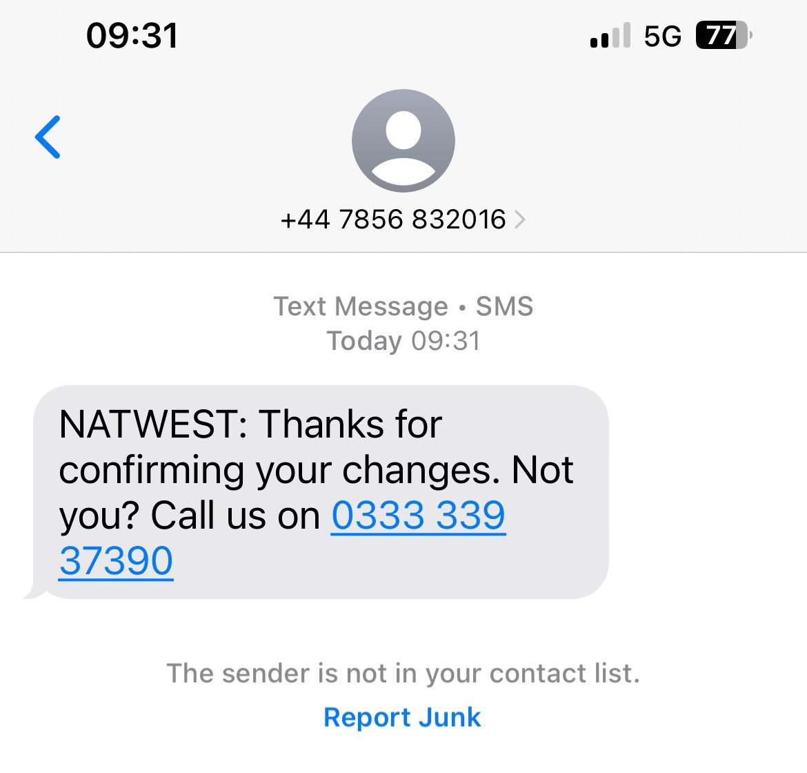 DC_50's tweet photo. @NatWest_Help I have received this text from ‘you’ this morning - as I have made no changes I suspect it is spam/ phishing  could you confirm please https://t.co/oh3Dc35eA3