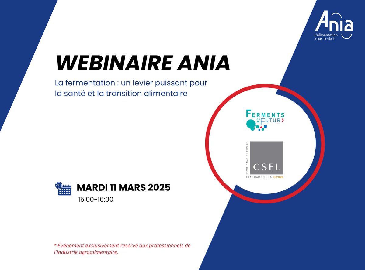 #Webinaire | Fermentation &amp; transition alimentaire
📅 11 mars de 15h à 16h
🔬 Santé, bioéconomie, agriculture : un levier clé pour l’avenir ! Avec @FermentsduFutur &amp; la chambre syndicale française de la levure.
Inscription 👉 app.livestorm.co/ania/la-fermen…