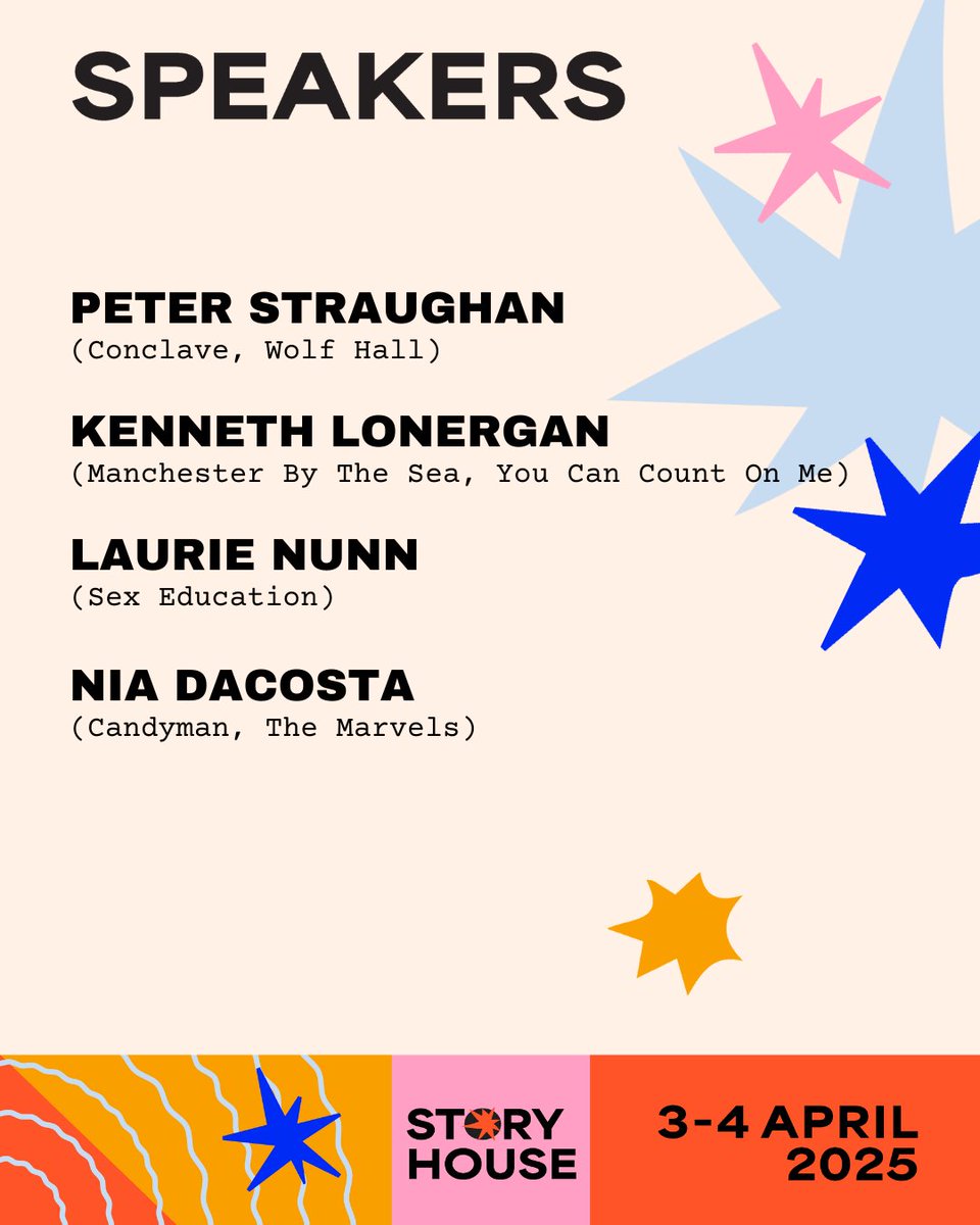 📣 SPEAKERS

We'll be welcoming some of the best in the business to Dublin next month!

Including:
🔸Academy Award &amp; BAFTA winner PETER STRAUGHAN
🔸Academy Award winner KENNETH LONERGAN 
🔸LAURIE NUNN
🔸NIA DACOSTA 

#storyhousedublin