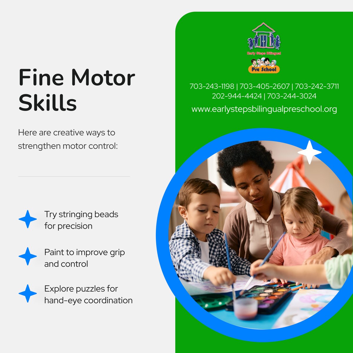 EarlyStepsBiP's tweet image. Developing fine motor skills doesn’t have to be boring! Activities like stringing beads, painting, and doing puzzles are fun ways to enhance dexterity and confidence. 

#SpringfieldVA #BilingualEducation #FineMotorDevelopment