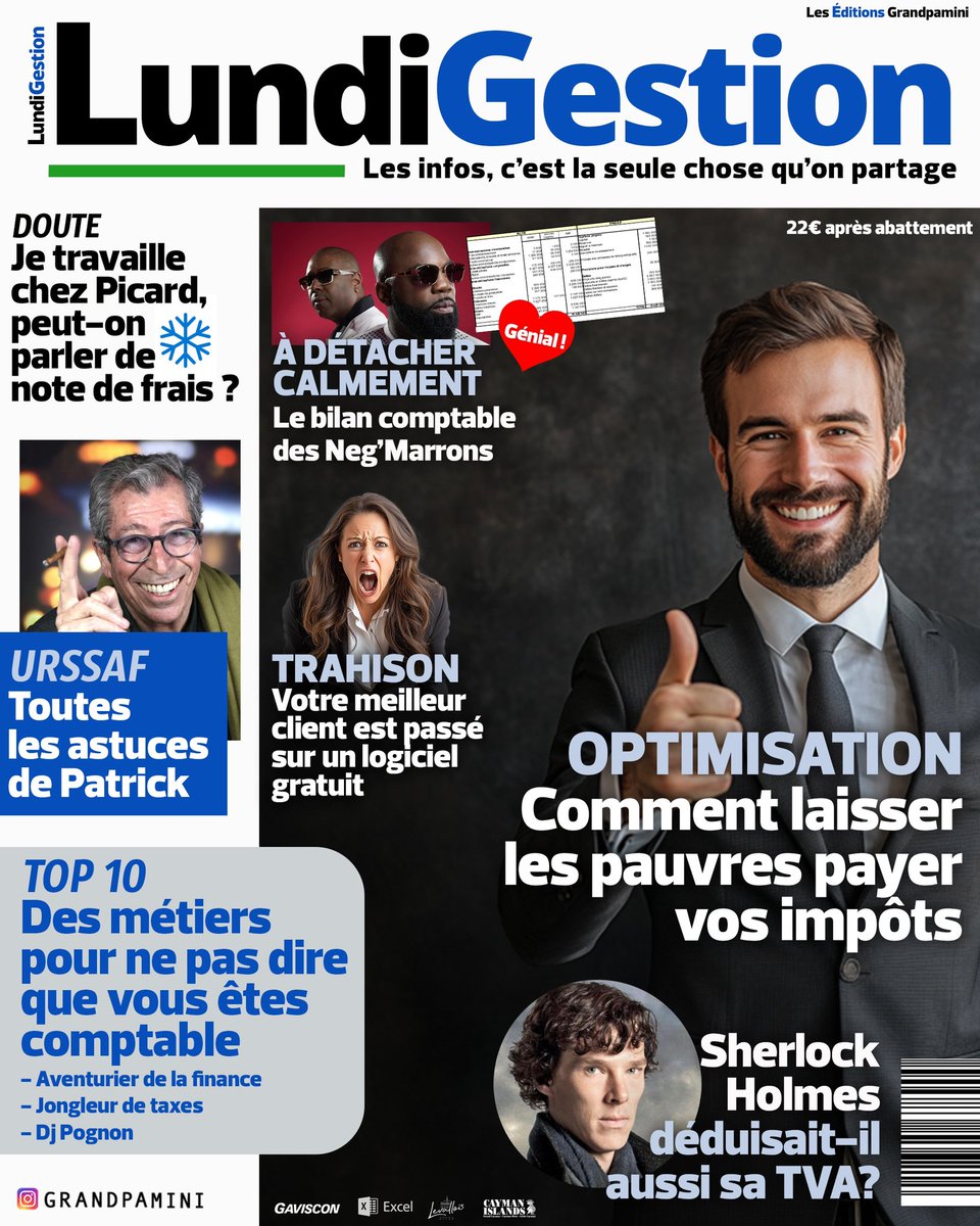 Un Mercredi sur deux, Les Éditions Grandpamini vous proposent une publication passionnante. Cette semaine découvrez un nouveau numéro de « Lundi Gestion » un magazine pour nous, les comptables // Spécial bisous 💋 à la redac’ #grandpaminiedition #lundigestion CECI EST UNE PARODIE