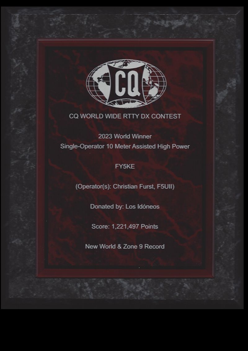 Proud to receive the plaque for World Winner in the 2023 CQ WW RTTY DX Contest! 

🏆🥇 New World Record in Single-Op 10m Assisted High Power for FY5KE! 

Huge thanks to Donor and CQ WW organisation. 🚀🎙️

#CQWW #RTTY #HamRadio
Link to Results Article : buff.ly/0MxVE3O