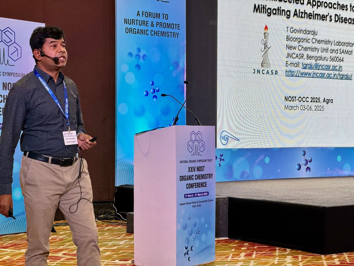 Prof. T. Govindaraju from JNCASR delivered an insightful talk on “Multifaceted Approaches to Mitigating Alzheimer's Disease” at #NOSTOCC2025. Exploring innovative strategies to tackle this neurodegenerative challenge! #AlzheimersResearch #DrugDiscovery"
