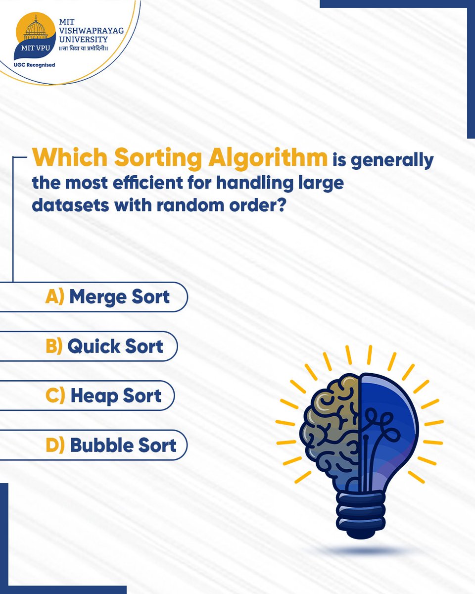 mitvishwaprayag's tweet image. Only the sharpest minds know the fastest way to sort this out! Let us know your answer in the comments.
#MITVPU #MITVishwaprayagUniversity #SortingAlgorithms #MergeSort #QuickSort #HeapSort #BubbleSort #quiz #QuizTime #QuizChallenge
