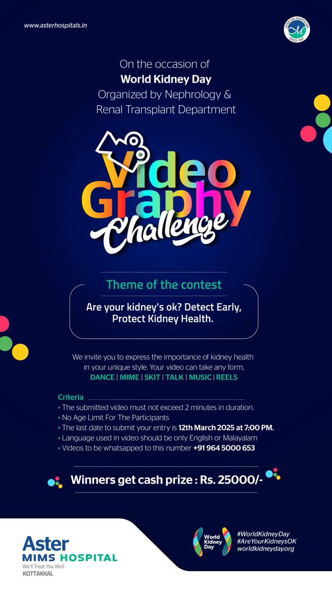 📢 World Kidney Day 2025 Videography Challenge! 🎥🌍

On #WorldKidneyDay, we’re launching a 2-minute Videography Challenge based on this year’s WKD theme! Open to the public &amp; healthcare professionals, this is your chance to spread awareness creatively.

🏆 Winner’s Prize: INR