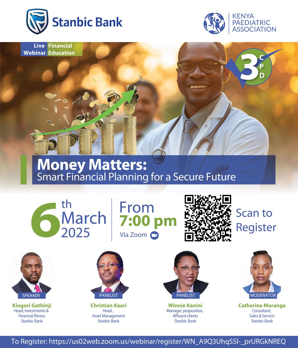 Kenyapaeds's tweet image. Are you looking to learn more about budgeting, saving, or investing? Join us for expert tips on managing money wisely and securing your financial future!
Don’t miss out—register now! 
🔗 us02web.zoom.us/webinar/regist…
#MoneyMatters #AfyaYaWatotoWetu