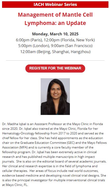 IACH (@theiach) on Twitter photo 📣We invite you to join the upcoming webinar by <a href="/TheIACH/">IACH</a>:
Management of Mantle Cell Lymphoma: an Update
🎙️Speaker: Madiha Iqbal
🗓️Monday, March 10 2025
⏲️6PM CET
Register for FREE
bit.ly/4ks2jJB
<a href="/Mohty_EBMT/">Mohamad Mohty</a> <a href="/MadihaIqbal13/">Madiha Iqbal MD</a> 📣We invite you to join the upcoming webinar by <a href="/TheIACH/">IACH</a>:
Management of Mantle Cell Lymphoma: an Update
🎙️Speaker: Madiha Iqbal
🗓️Monday, March 10 2025
⏲️6PM CET
Register for FREE
bit.ly/4ks2jJB
<a href="/Mohty_EBMT/">Mohamad Mohty</a> <a href="/MadihaIqbal13/">Madiha Iqbal MD</a>