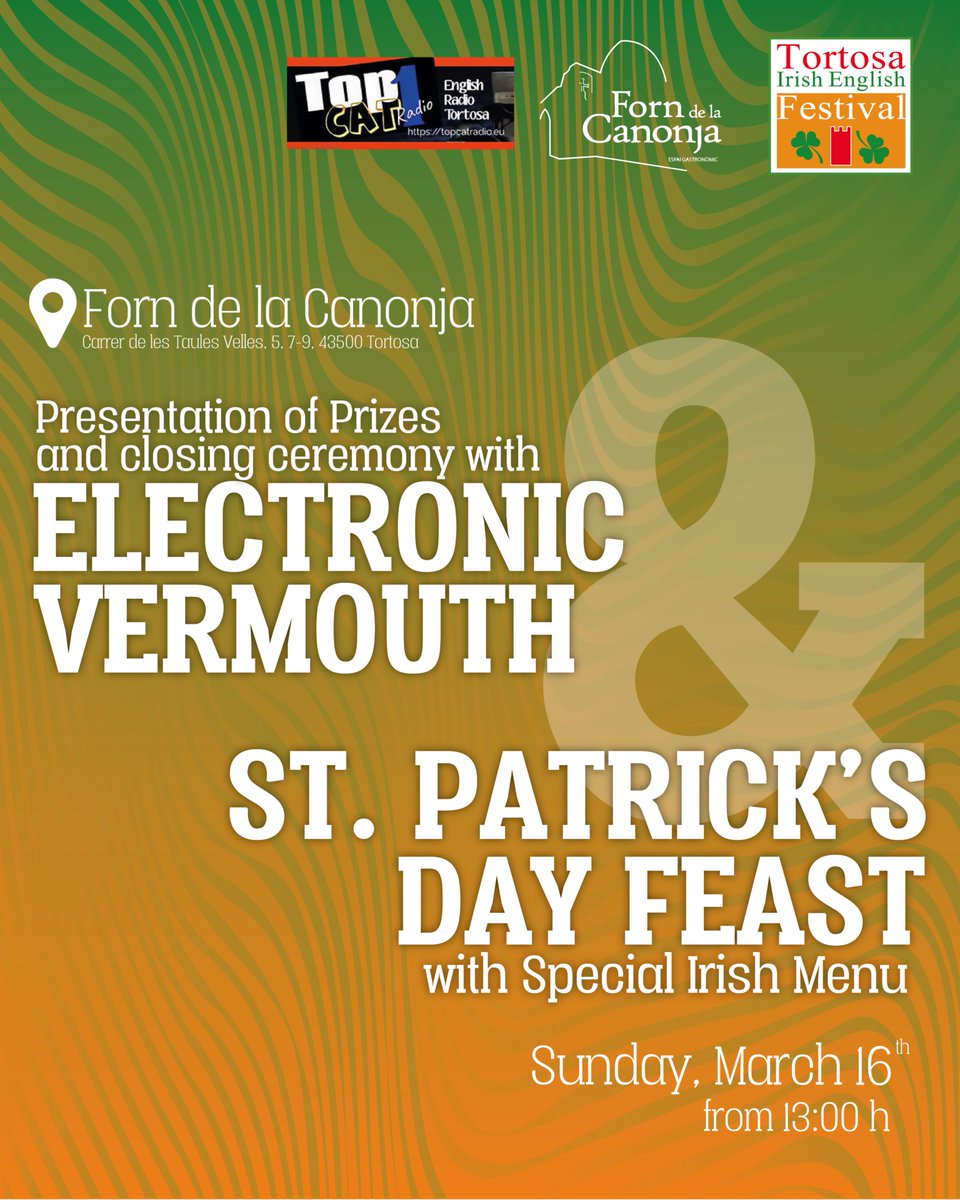 🍖 What a better event to close our Festival, than with a Saint Patrick’s Day feast? 

Join us for our Vermouth in Forn de la Canonja and  book a table for the Saint Patrick's Day feast! 

Do you want to come? Confirm in the link in our bio.

🗓️ Sunday March 16th
🕰️ 13:00