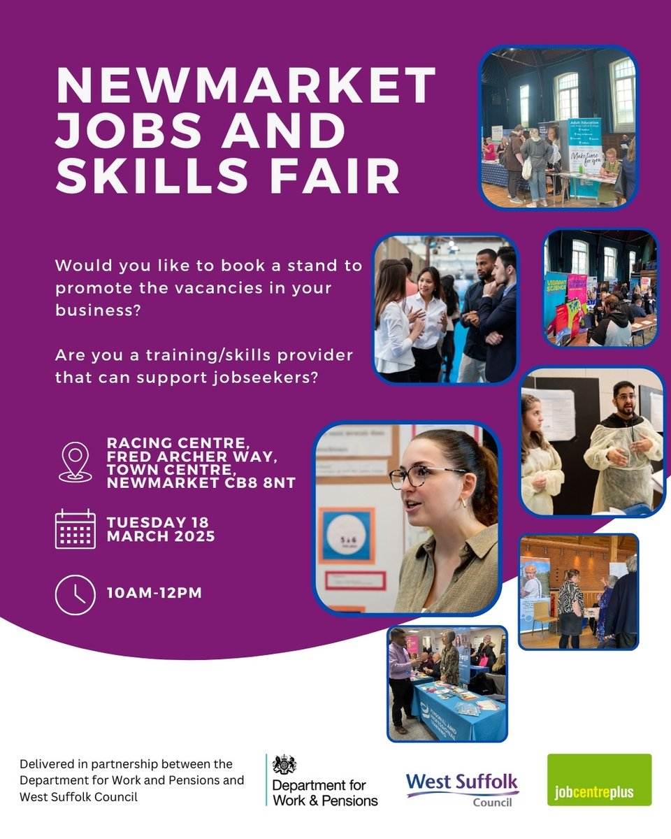 Employers &amp; Training Providers – this one’s for you!

Be part of the Newmarket Jobs &amp; Skills Fair and build connections. The best part? It’s FREE to book your stall!  

Act quick as today is the last day to register: orlo.uk/780Ey