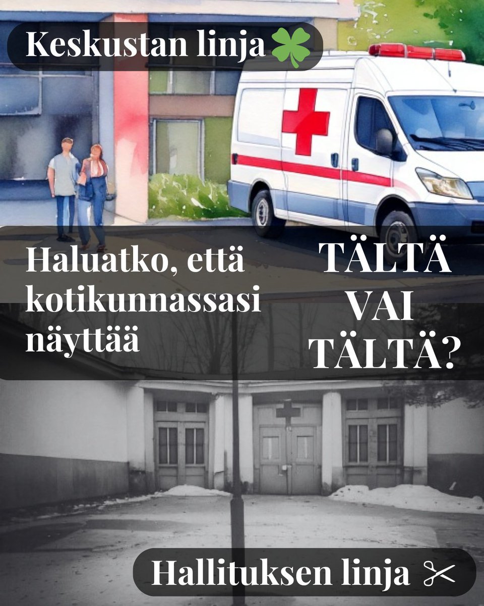 Kevään vaaleissa 🗳️ päätetään isoista asioista.

Keskusta 🍀 haluaa varmistaa, että arjen palvelut toimivat lähellä ihmisiä - terveyskeskukset 🏥, koulut 🏫 ja pelastustoimi 🚒 eivät saa karata kauas.

Puolustamme lähipalveluja joka puolella Suomea. 🇫🇮 

Vaihda keskelle! 🎯