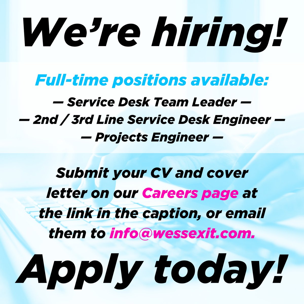 We’re hiring! 📢

Join our #ITSupport team in Cowfold, West Sussex. Competitive pay based on experience.

➡️ Service Desk Team Leader
➡️ 2nd / 3rd Line Service Desk Engineer
➡️ Project Engineer

📝 Apply: wessexit.com/careers

@Business_Sussex #ITJobs #MSP #ManagedITServices
