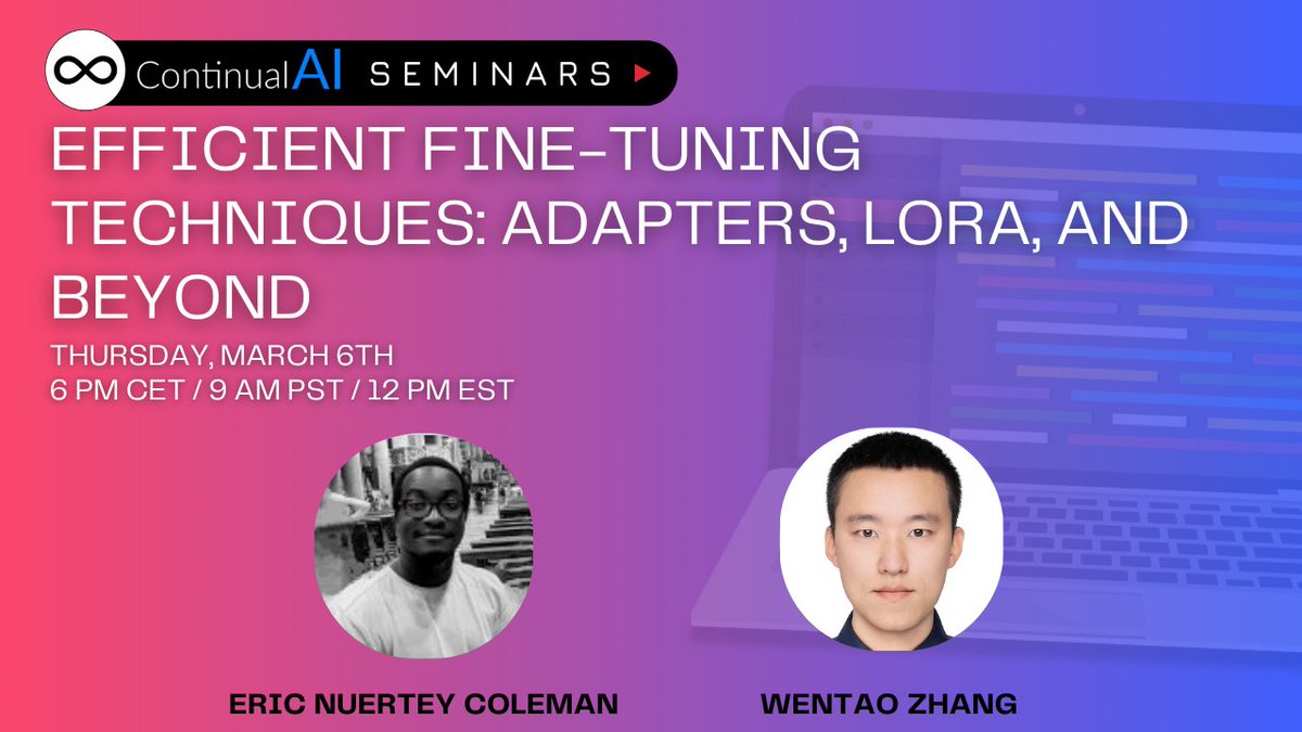 ContinualAI (@continualai) on Twitter photo ๐ฅJoin us this Thursday, March 6th for our ContinualAI  Seminar! 
6 PM CET | 9 AM PST |  12 PM EST
We will discuss Efficient fine-tuning techniques (adapters, LoRA, and beyond) 
with Eric Coleman and Wentao Zhang
Register here:๐
stanford.zoom.us/meeting/registโฆ ๐ฅJoin us this Thursday, March 6th for our ContinualAI  Seminar! 
6 PM CET | 9 AM PST |  12 PM EST
We will discuss Efficient fine-tuning techniques (adapters, LoRA, and beyond) 
with Eric Coleman and Wentao Zhang
Register here:๐
stanford.zoom.us/meeting/registโฆ