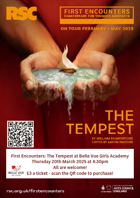 BVGAEnglish's tweet photo. Belle Vue Girls' Academy is excited to host First Encounters The Tempest presented by The Royal Shakespeare Company. 
All are welcome on Thursday 20th March at 4:30pm. Parking is available on site. Tickets are £3:
https://t.co/zw4Z1Zywtr https://t.co/G3KJw9fC6v