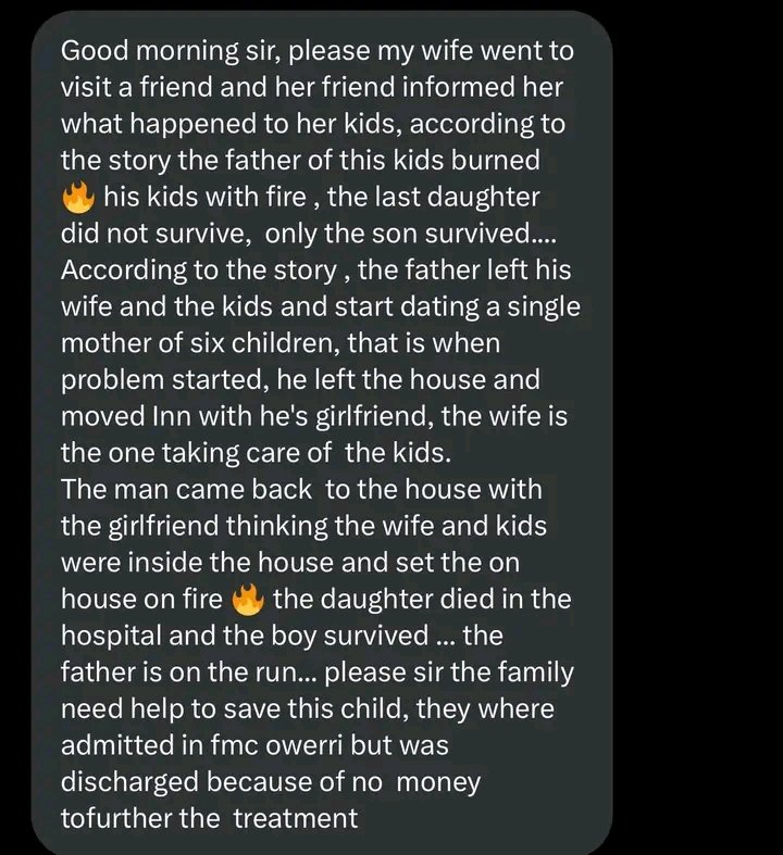 whereinnasarawa's tweet photo. #UseVerto Shocking 😳
Man set his two kids on fire in imo state, one confirmed d€ad and the other seriously burnt.
The surviving child was discharged from the hospital because they were unable to pay the bill.
The man is currently on the run.
📸 Nigeria Stories
#lafia https://t.co/6iFIB2awA7