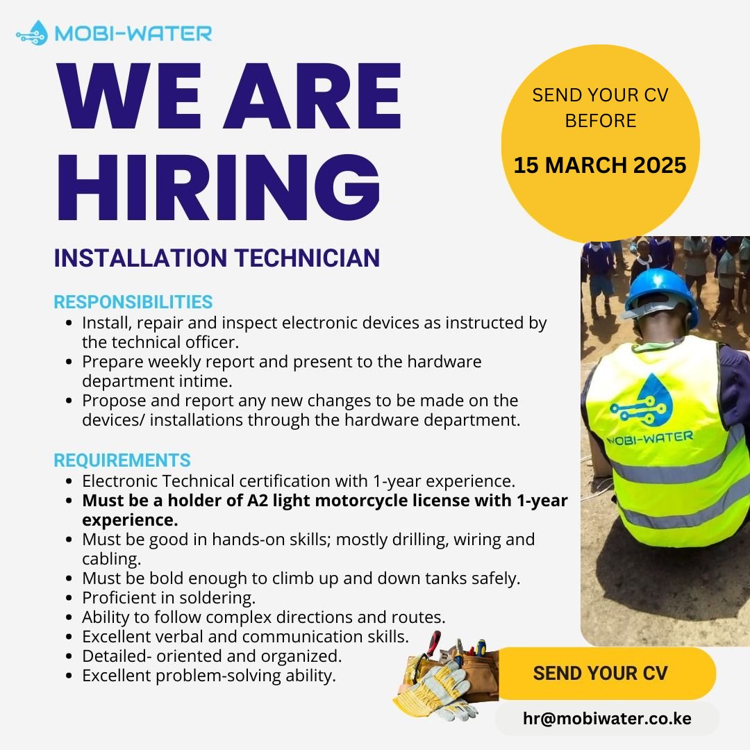 🚨 WE ARE HIRING! 🚨

Installation Technician – MUST have an A2 Motorcycle License 🏍️

Join Mobi-Water and help install &amp; maintain water monitoring devices!

📌 Must Have:
✅ A2 Light Motorcycle License (1+ year experience)
✅ Technical skills in drilling, wiring &amp; cabling
📩
