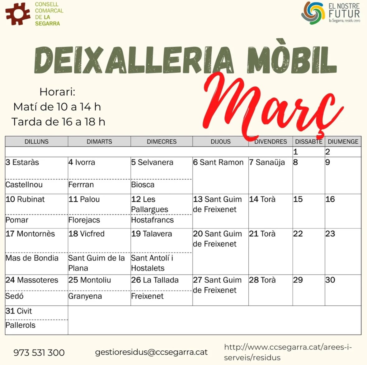 Ajuntament de Sanaüja (@ajsanauja) on Twitter photo El divendres 7 de març trobareu la DEIXALLERIA MÒBIL a Sanaüja.
🕙 De 10h a 14h i de 16h a 18h
📍 Al C/Valls a l’alçada de la baixada del rellotge
<a href="/residussegarra/">Segarraresiduszero</a> El divendres 7 de març trobareu la DEIXALLERIA MÒBIL a Sanaüja.
🕙 De 10h a 14h i de 16h a 18h
📍 Al C/Valls a l’alçada de la baixada del rellotge
<a href="/residussegarra/">Segarraresiduszero</a>