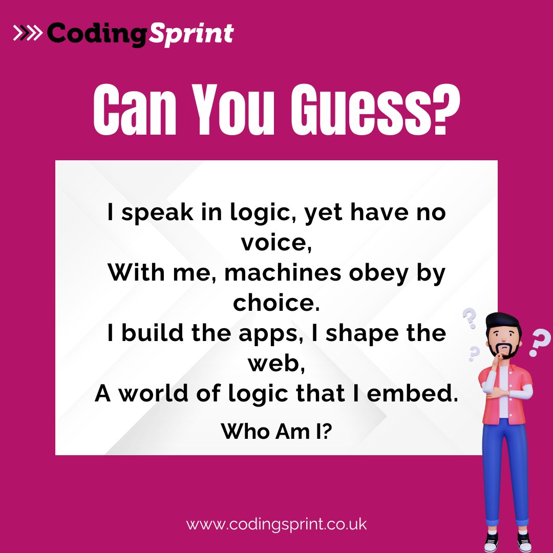 sprint_coding's tweet photo. Tech Riddle Time! 🤩 
Can you crack this tech riddle? Drop your answers in the comments! 💬👇

Hint💡: The answer is in our Name

#CodingRiddles #TechTrivia #SoftwareDevelopment #CodingSprint https://t.co/6JVKwk2zci