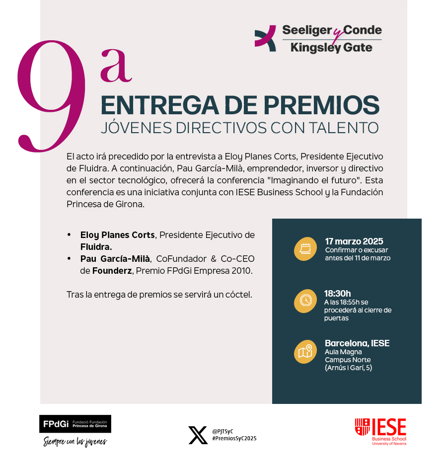 ¡Es oficial! 📢 La 9ª edición de los #PremiosSyC2025 ya tiene fecha 🌟
🗓Lunes 17 de marzo a las 18:30 h
📍IESE Business School 
Apúntate aquí apply.iese.edu/seeligerconde24 ¡Te esperamos! 🙌
Con el apoyo de <a href="/FPdGi/">Fundación Princesa de Girona</a> y <a href="/iesebschool/">IESE Business School</a>