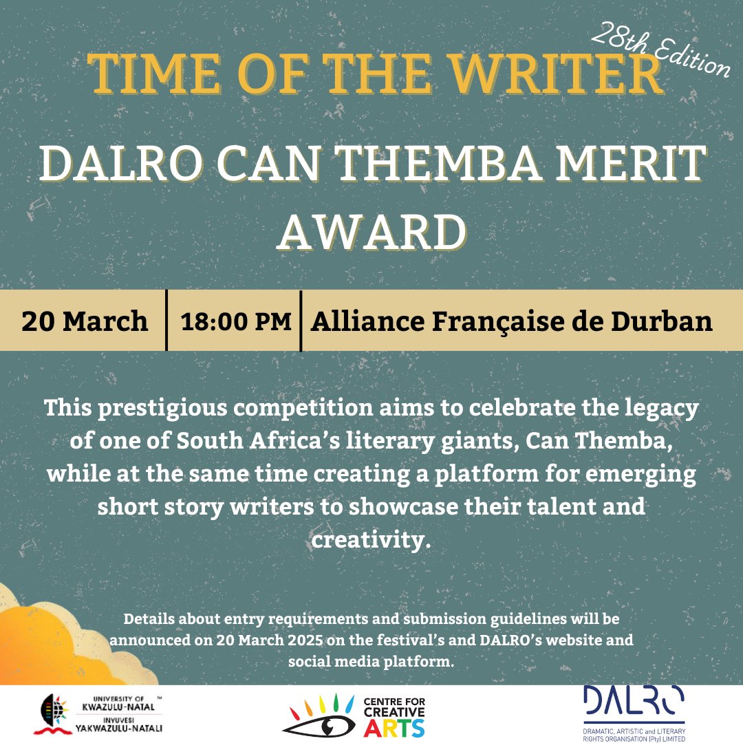 The <a href="/ukzncca/">Centre for Creative Arts</a> at the <a href="/UKZN/">University of KwaZulu-Natal</a> together with the Dramatic, Artistic &amp; Literary Rights Organisation (<a href="/TheDALRO/">DALRO</a> ), is proud to announce the launch of the DALRO Can Themba Merit Award! 

Aspiring authors, SO KEEP YOUR EYES PEELED ON FOR THE ENTRY REQUIREMENTS AND SUBMISSION GUIDELINES‼️