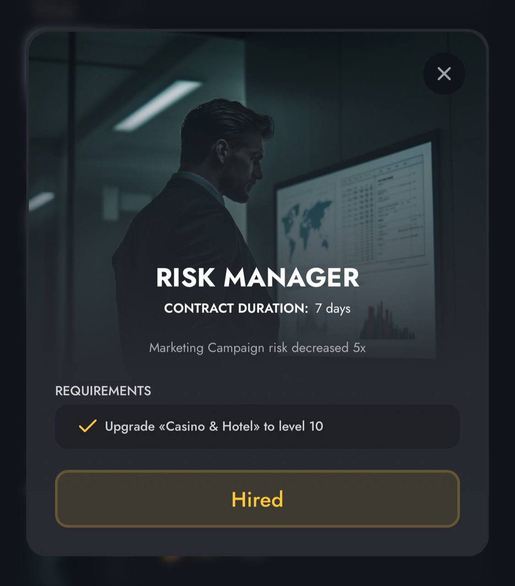 EMPIRE UPDATES 

New Employee - Risk Manager🕵🏻‍♂️

🥵 He is hot, he costs 1.5M - but he is so worth it

Decreases marketing risk by 5x for 7 days straight!🤯

Mo more annoying "campaign failed" messages🥴

I already hired him, just sayin *wroooooooomwroom*