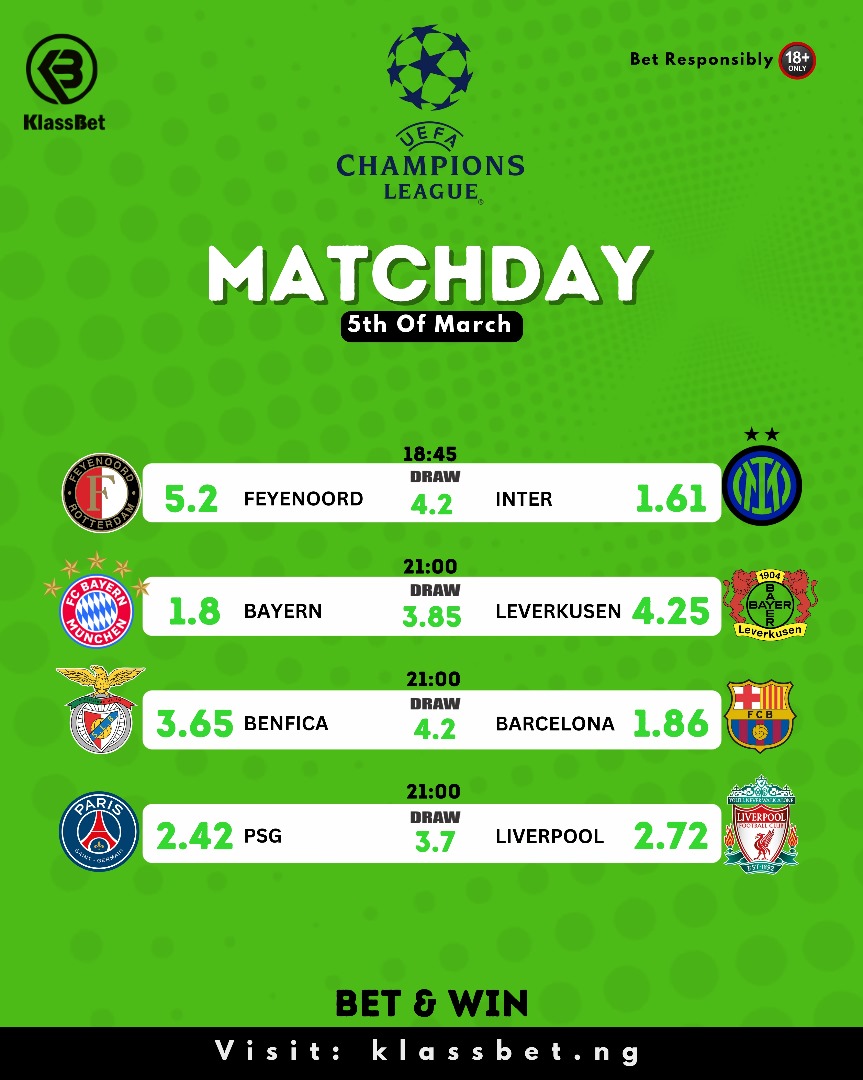 #UCL has never been this easy, klassbet.ng gets you covered with biggest odds with cut1 insurance, that will not reduce your winnings to nothing 

#klassbet #Sporty #UCL #gold #lagos #9jaNews #goldminers #cashout #InterMilan #Barcelona #barca #LiverpoolFC #Bayern