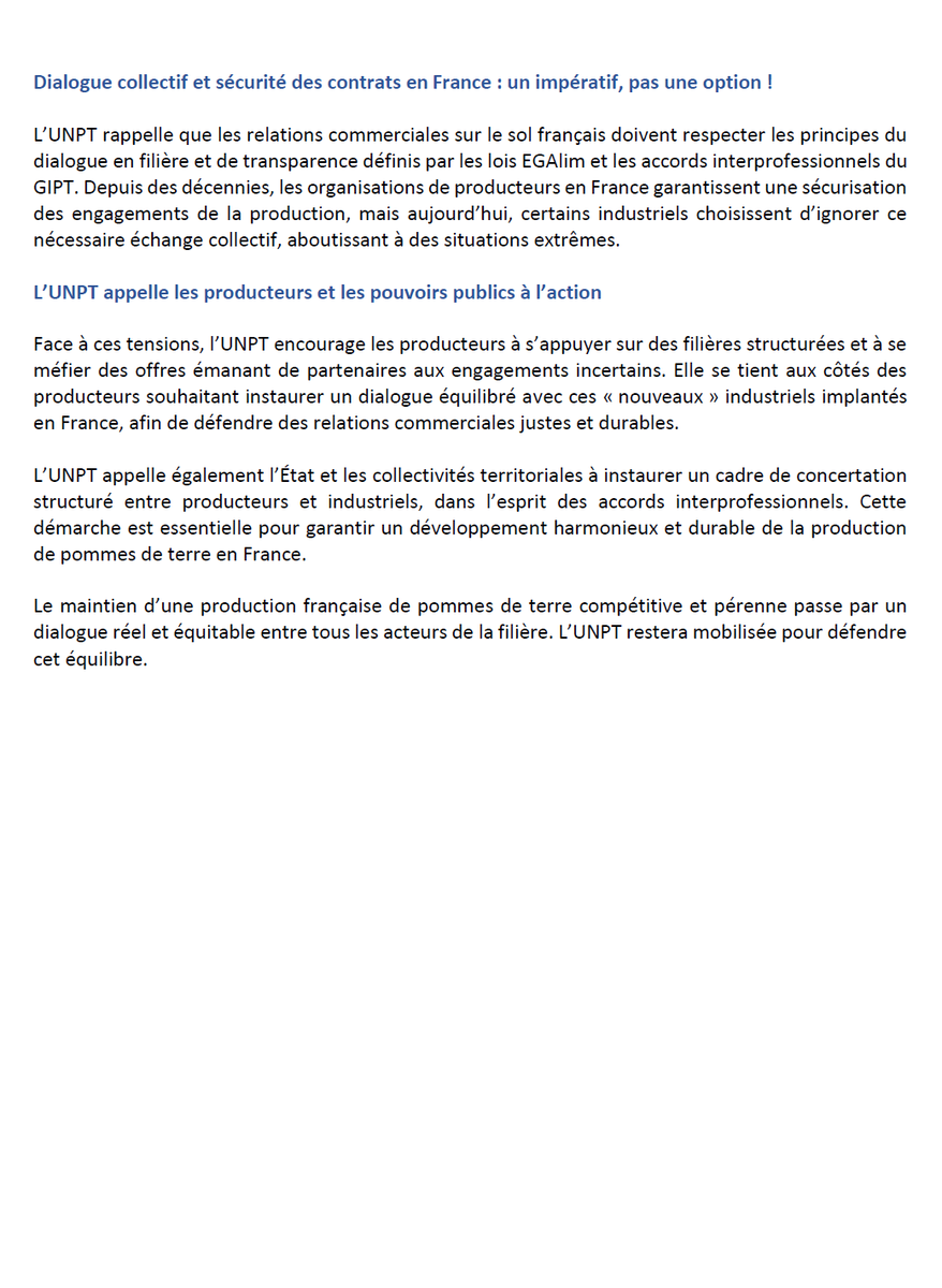 Les producteurs de #pommesdeterre 🥔sous pression !
📉 Baisse brutale des prix industriels
✂️ Réduction unilatérale des engagements 25/26
🤝 Absence de dialogue avec certains industriels 🇧🇪
📣 L’UNPT exige des relations commerciales équitables et structurées ! #EGALIM