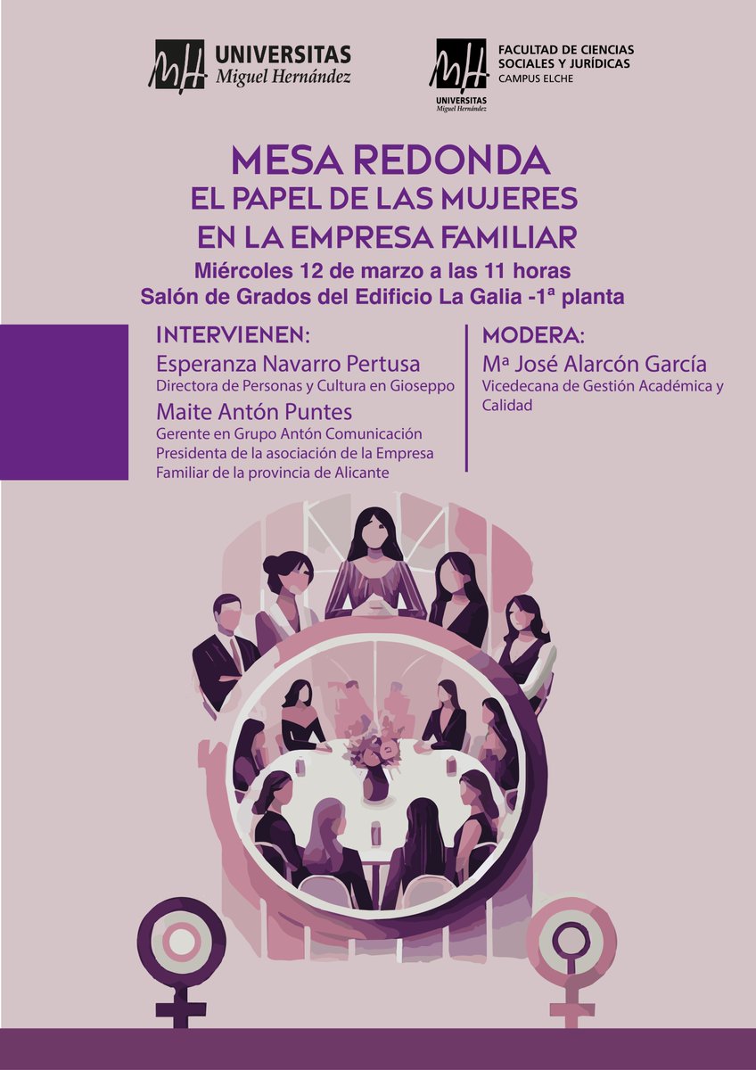 📢 Mesa Redonda: El Papel de las Mujeres en la Empresa Familiar

El 12 de marzo a las 11:00 h en el Salón de Grados de La Galia, Esperanza Navarro (Gioseppo) y Maite Antón  (Grupo Antón Comunicación) hablarán sobre el rol femenino en la empresa familiar. ¡No te lo pierdas!