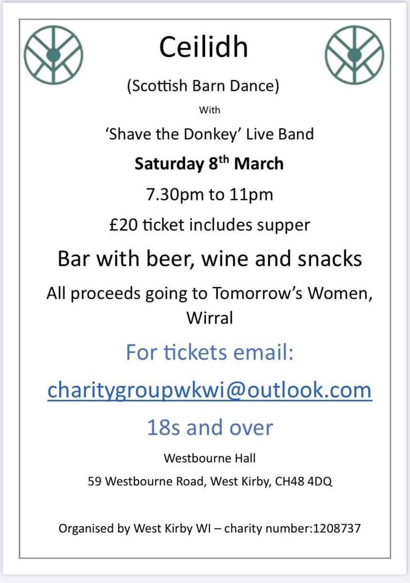 West kirby WI Ceilidh
Saturday 8th March
7:30 - 11pm
£20 ticket includes supper 
All proceeds going to Tomorrow's Women, Wirral.