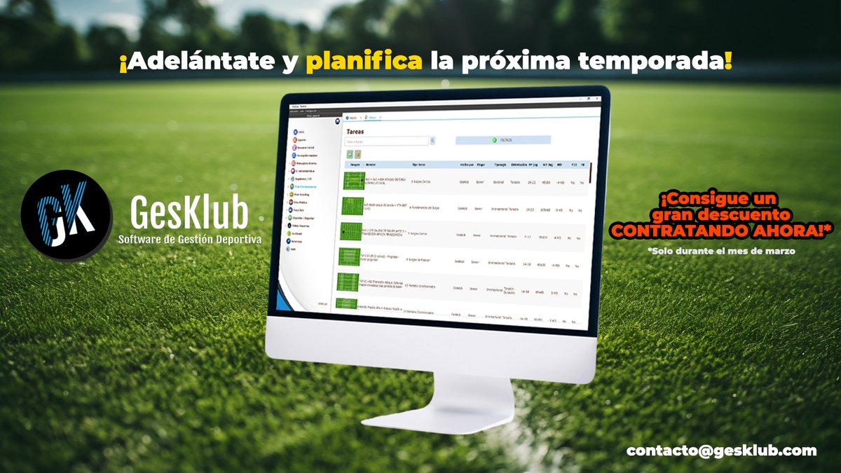 ¡No dejes todo para el último momento! ⚽️

Adelántate y planifica la próxima temporada con #GesKlub.
¡Consigue un gran descuento contratando ahora! ⏰

👉Solicita más info en contacto@gesklub.com

#GestiónDeportiva #Fútbol #SoftwareDeportivo #DescuentoExclusivo #GesKlub