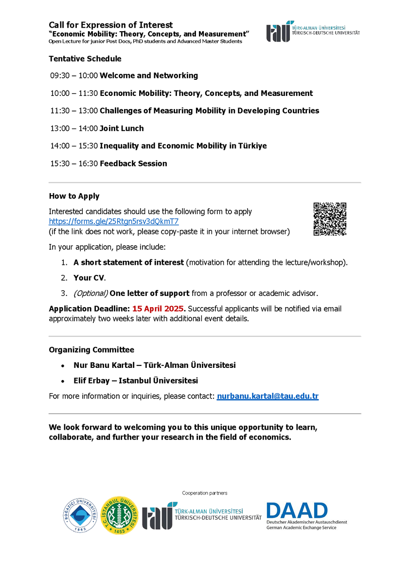 Guido Neidhöfer (@gneidhofer) on Twitter photo 📢 Calling junior researchers in Istanbul!
Join us for an open lecture on Economic Mobility at <a href="/tauedutrde/">Türk-Alman Üniversitesi</a> on May 28, 2025. A great opportunity to learn, discuss, and connect!
Apply here 👉 iibf.tau.edu.tr/call-for-expre…
#EconTwitter 📢 Calling junior researchers in Istanbul!
Join us for an open lecture on Economic Mobility at <a href="/tauedutrde/">Türk-Alman Üniversitesi</a> on May 28, 2025. A great opportunity to learn, discuss, and connect!
Apply here 👉 iibf.tau.edu.tr/call-for-expre…
#EconTwitter
