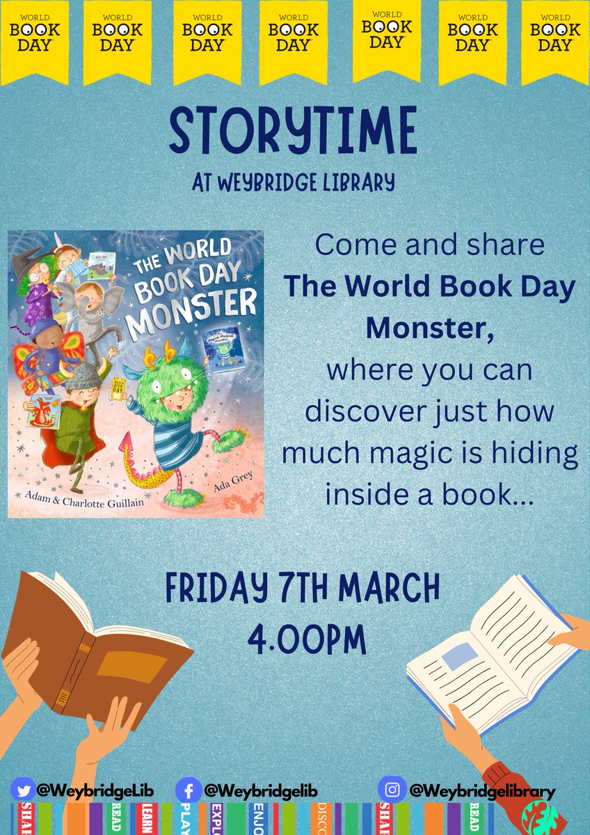 Weybridge Library (@weybridgelib) on Twitter photo Join us for a fun celebration of World Book Day on Friday March 07th at 4pm. We will share the story "The World Book Day Monster!" This FREE drop in event will also have colouring sheets available too. Children are welcome to dress up too! <a href="/SurreyLibraries/">Surrey Libraries UK</a> #worldbookday2025 π Join us for a fun celebration of World Book Day on Friday March 07th at 4pm. We will share the story "The World Book Day Monster!" This FREE drop in event will also have colouring sheets available too. Children are welcome to dress up too! <a href="/SurreyLibraries/">Surrey Libraries UK</a> #worldbookday2025 π