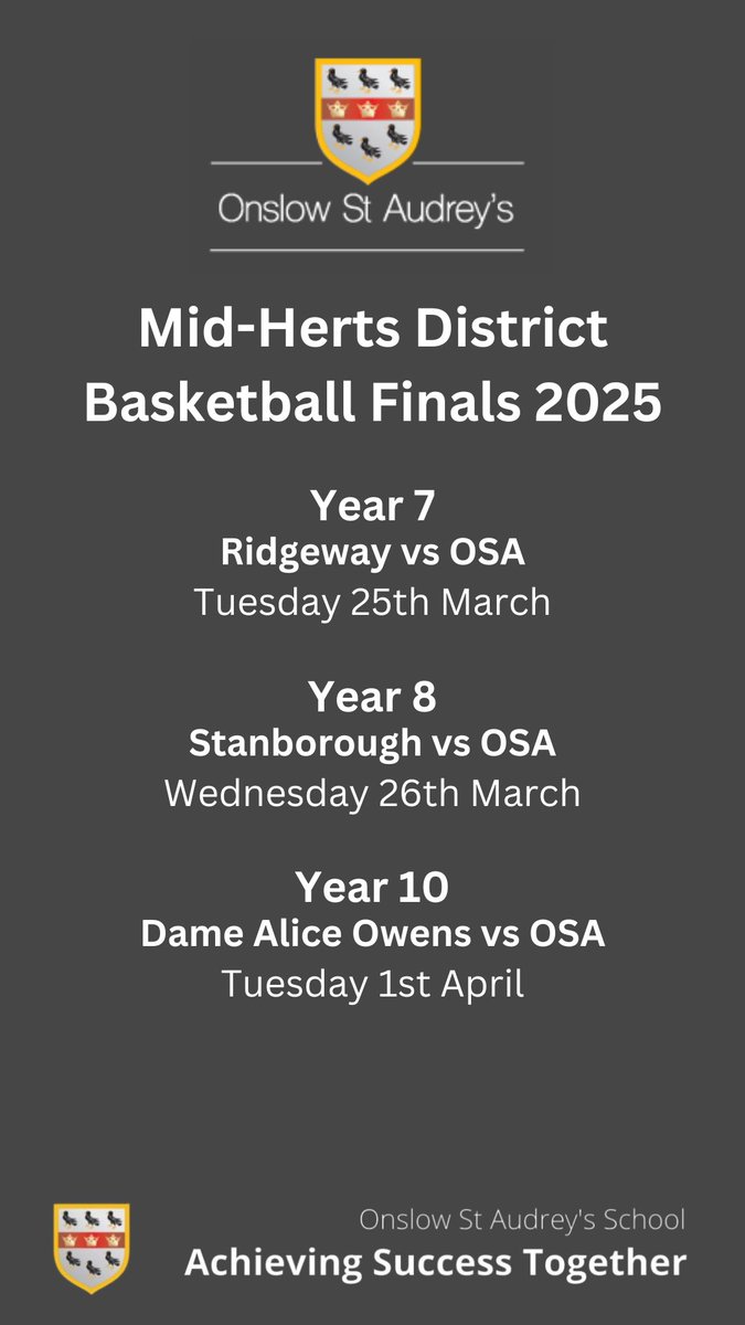 Congratulations to our Year 7, Year 8 and Year 10 teams on reaching the Mid-Hertfordshire Basketball Finals! 

Commiserations to our Year 9 Boys Basketball team who narrowly lose out in the Semi-Finals! 

Ties to be played WB: 24th and 31st March. 

#TeamOSA 

🏀🏀🏀🏀