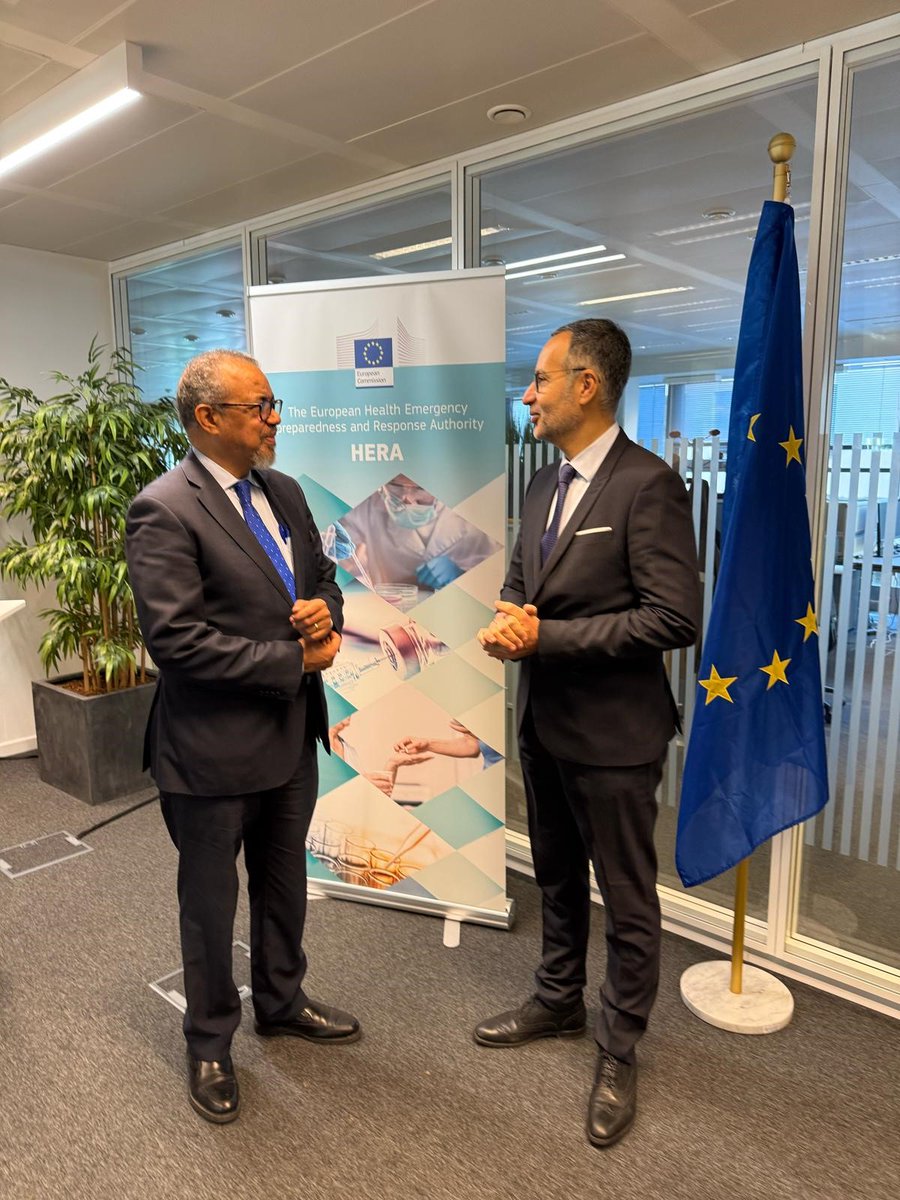 Today, <a href="/DrTedros/">Tedros Adhanom Ghebreyesus</a> , Director-General of <a href="/WHO/">World Health Organization (WHO)</a>, met with #HERA's Head, <a href="/LaurentMuschel/">Gone with the Wind</a>, to discuss our vital partnership and collaboration on #globalhealth initiatives. 

Together, we're working to strengthen #pandemicpreparedness and address pressing health challenges.🤝🌍