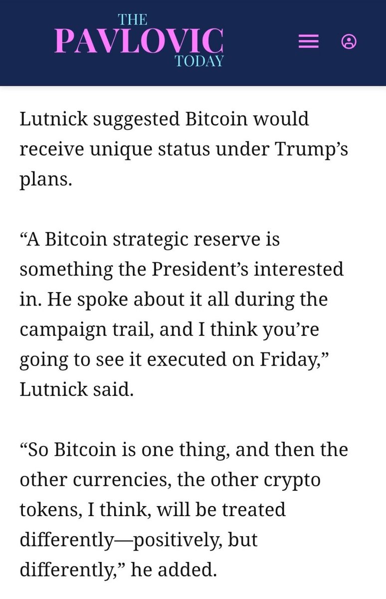 Strategic Bitcoin Reserve to be announced on Friday 🚀 

Lutnick is a straight shooter.

I think this happens.

If so, strap in!