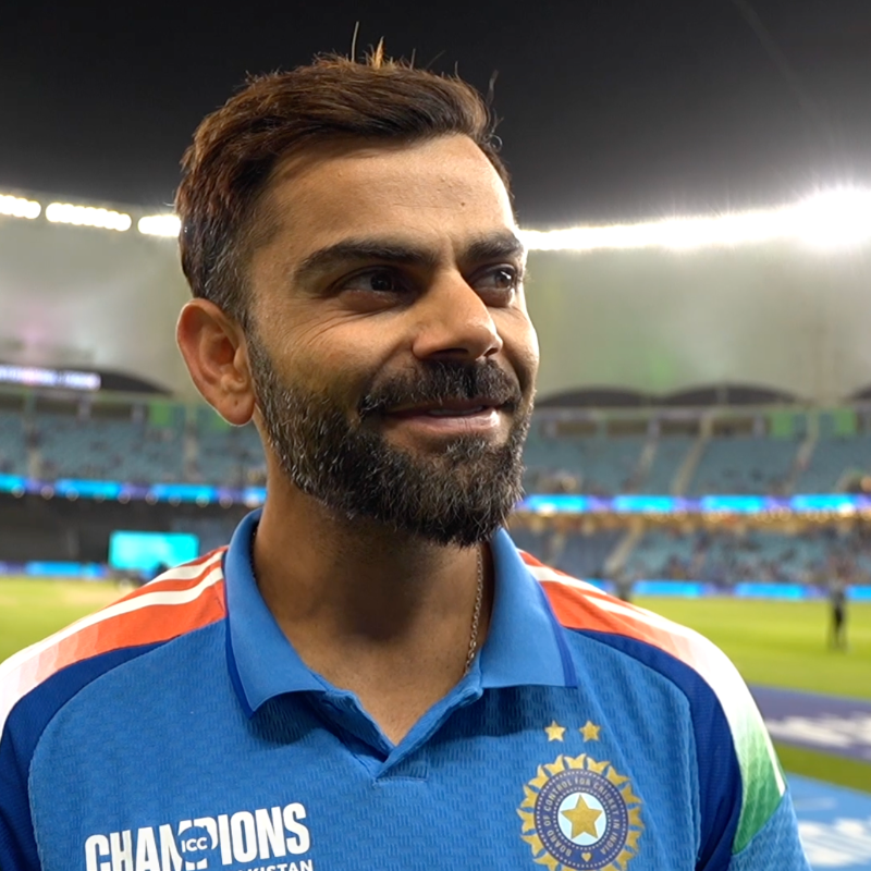 BCCI's tweet photo. 𝙅𝙪𝙨𝙩. 𝘼𝙣𝙤𝙩𝙝𝙚𝙧. 𝘾𝙝𝙖𝙨𝙚 ft. Virat Kohli 😎

We got the chase-master himself to decode #TeamIndia's semi-final win over Australia 🫡

WATCH 🎥🔽 - By @mihirlee_58 

#INDvAUS | #ChampionsTrophy | @imVkohli