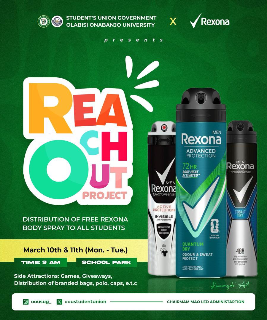 SAROMI, Omotola Emmanuel. (@manlikesaro) on Twitter photo Wearing a pleasant scent can help you connect more with others.
More reasons The OOUSUG, in partnership with <a href="/RexonaNigeria/">Rexona Nigeria</a> on their Campus Reach Out program will be sharing FREE body spray to OOUITES.
Don't miss out | March 10-11th | 9AM | School Park.
#OOUTWITTER •||• #SUG Wearing a pleasant scent can help you connect more with others.
More reasons The OOUSUG, in partnership with <a href="/RexonaNigeria/">Rexona Nigeria</a> on their Campus Reach Out program will be sharing FREE body spray to OOUITES.
Don't miss out | March 10-11th | 9AM | School Park.
#OOUTWITTER •||• #SUG