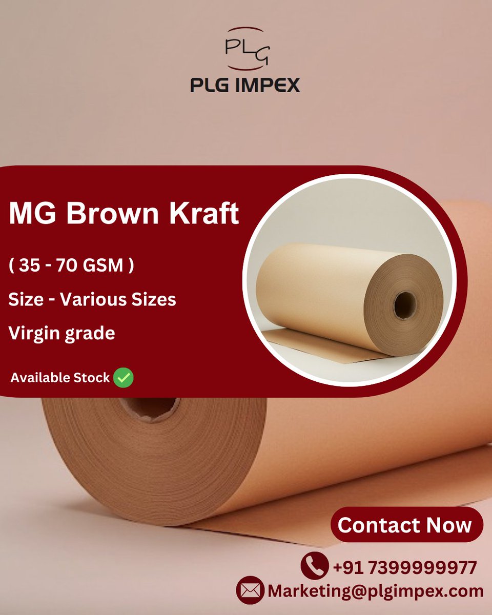 PlgImpex's tweet image. Looking for premium-quality MG Kraft Paper? 📦✨
PLG IMPEX offers imported Virgin Grade MG Kraft Paper. 

✅GSM 35-70
✅Superior strength &amp;amp; smooth finish.  
✅Available in bulk quantities  

Get in touch today ! 📩
#mgkraftpaper #packagingsolution #plgimpex #sustainablepackaging
