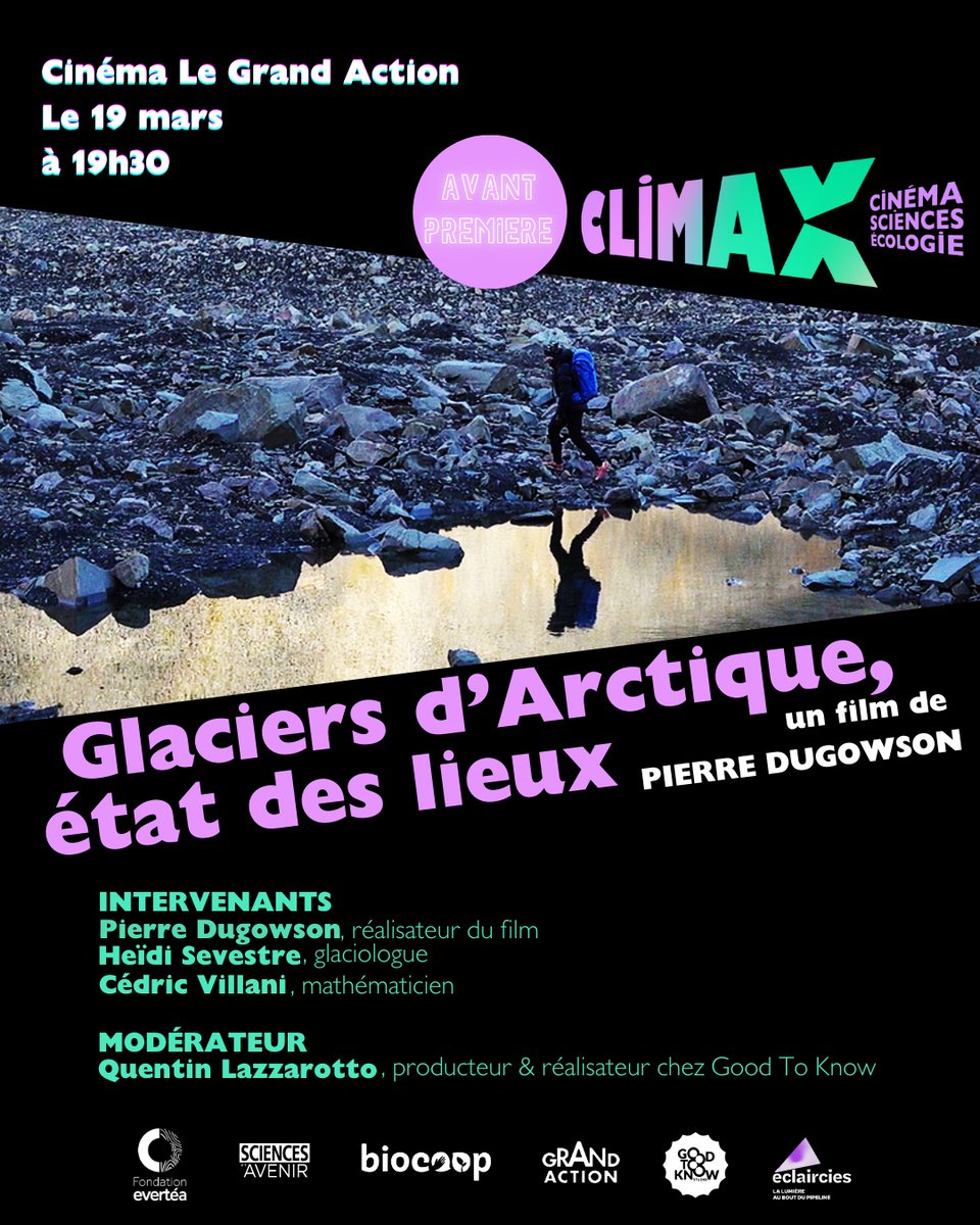 GLACIERS D'ARCTIQUE, ÉTAT DES LIEUX 
avec <a href="/HeidiSevestre/">Dr. Heïdi Sevestre</a> 
mercredi 19 mars 19h30 
ciné-club CLIMAX
au cinéma Le Grand Action à Paris