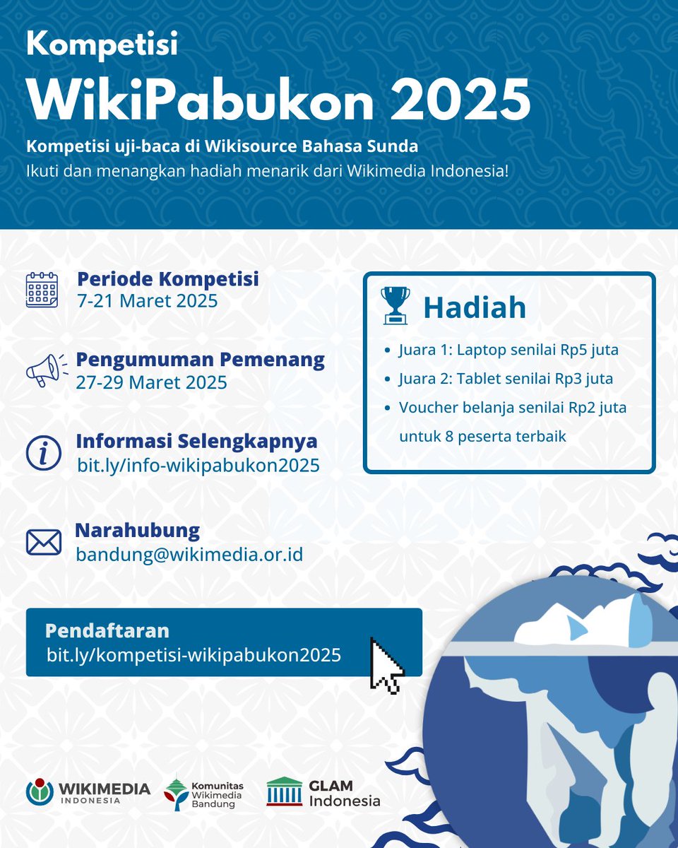 suwikipedia's tweet photo. Sampurasun, baraya Wiki! 👋
Komunitas Wikimedia Bandung dengan dukungan Wikimedia Indonesia dan GLAM Indonesia akan mengadakan Kompetisi Wikipabukon 2025. 
Kompetisi ini merupakan kompetisi menguji baca dan mengetik ulang sejumlah buku yang ada di Wikisource bahasa Sunda 📚💻 https://t.co/9KM8uXQ6CC